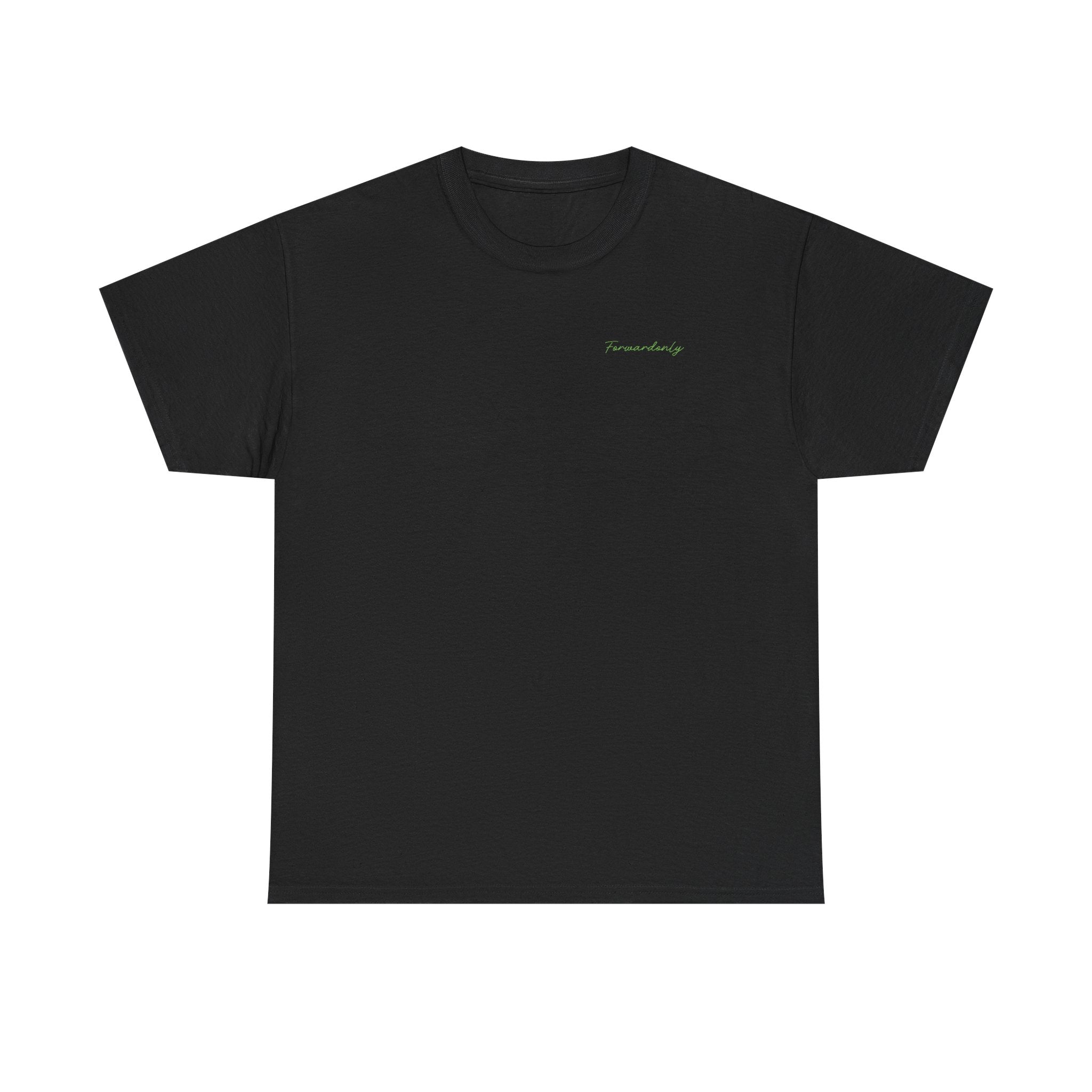 Black t-shirt with a small logo on the chest against a white background