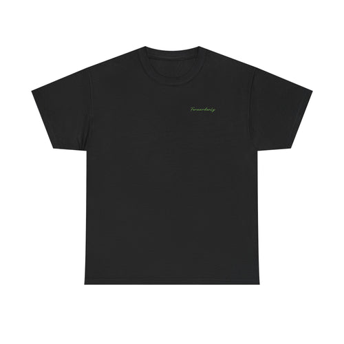 Black t-shirt with a small logo on the chest against a white background