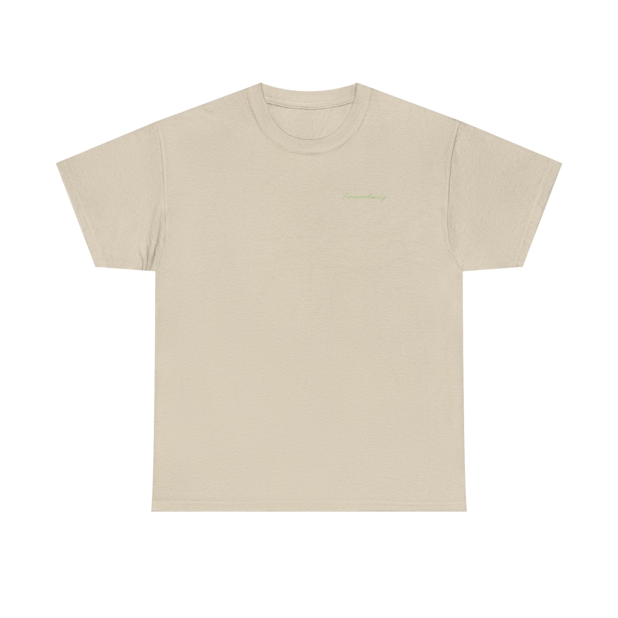 Beige t-shirt with a small green logo on a white background