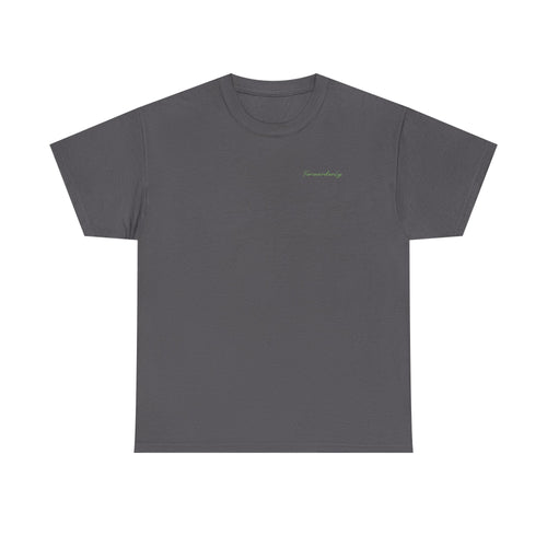 Gray t-shirt with a small logo on a white background