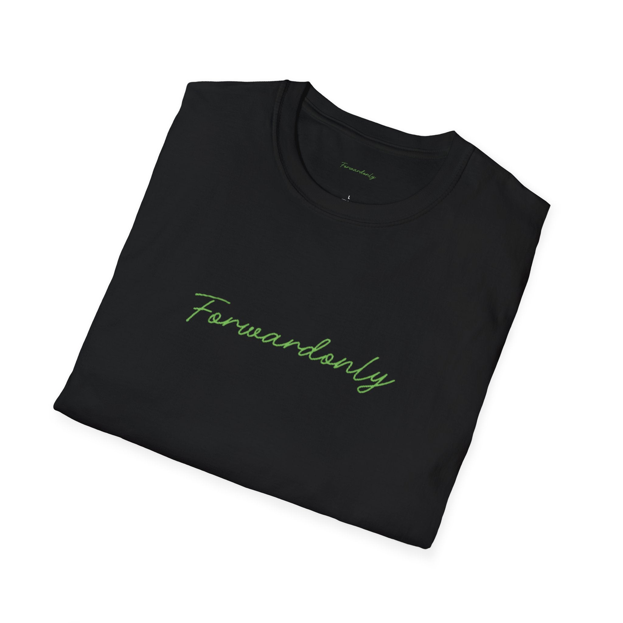 Folded black sweatshirt with 'Forwardonly' text on a white background