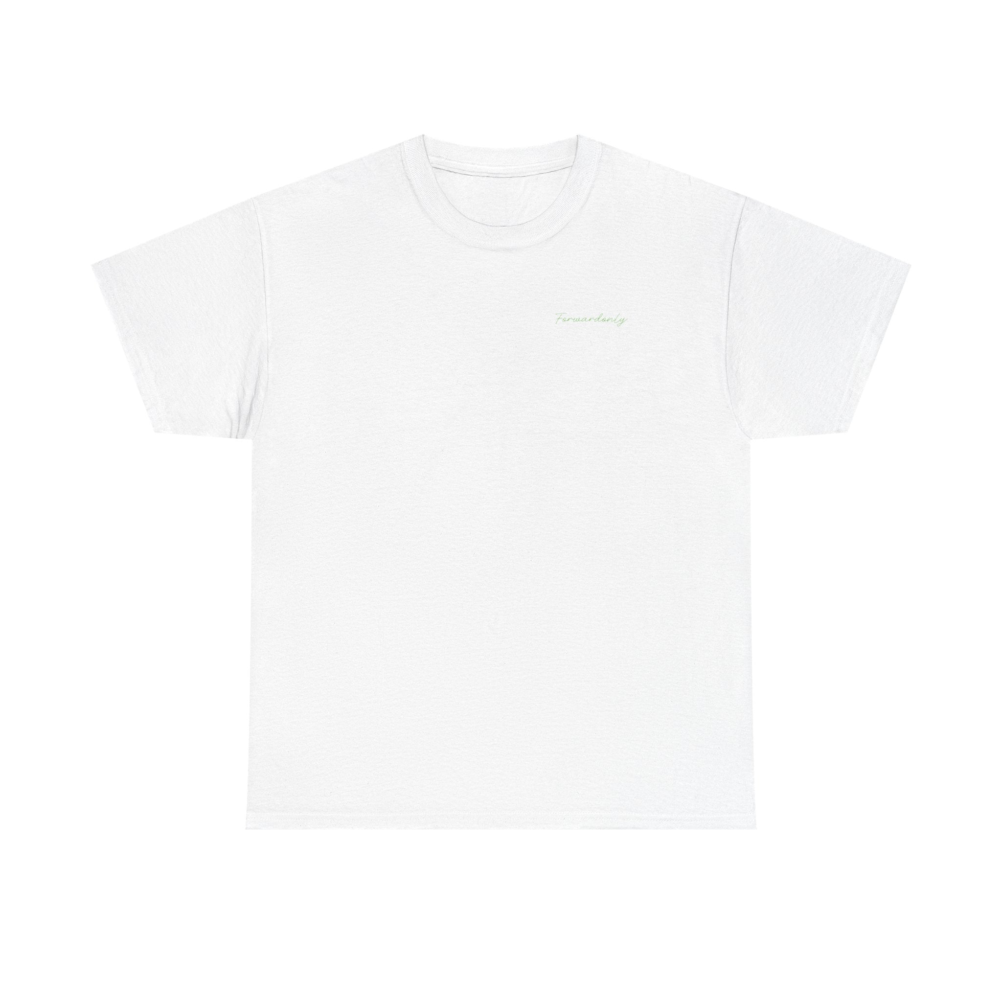 White t-shirt with a small green logo on a white background