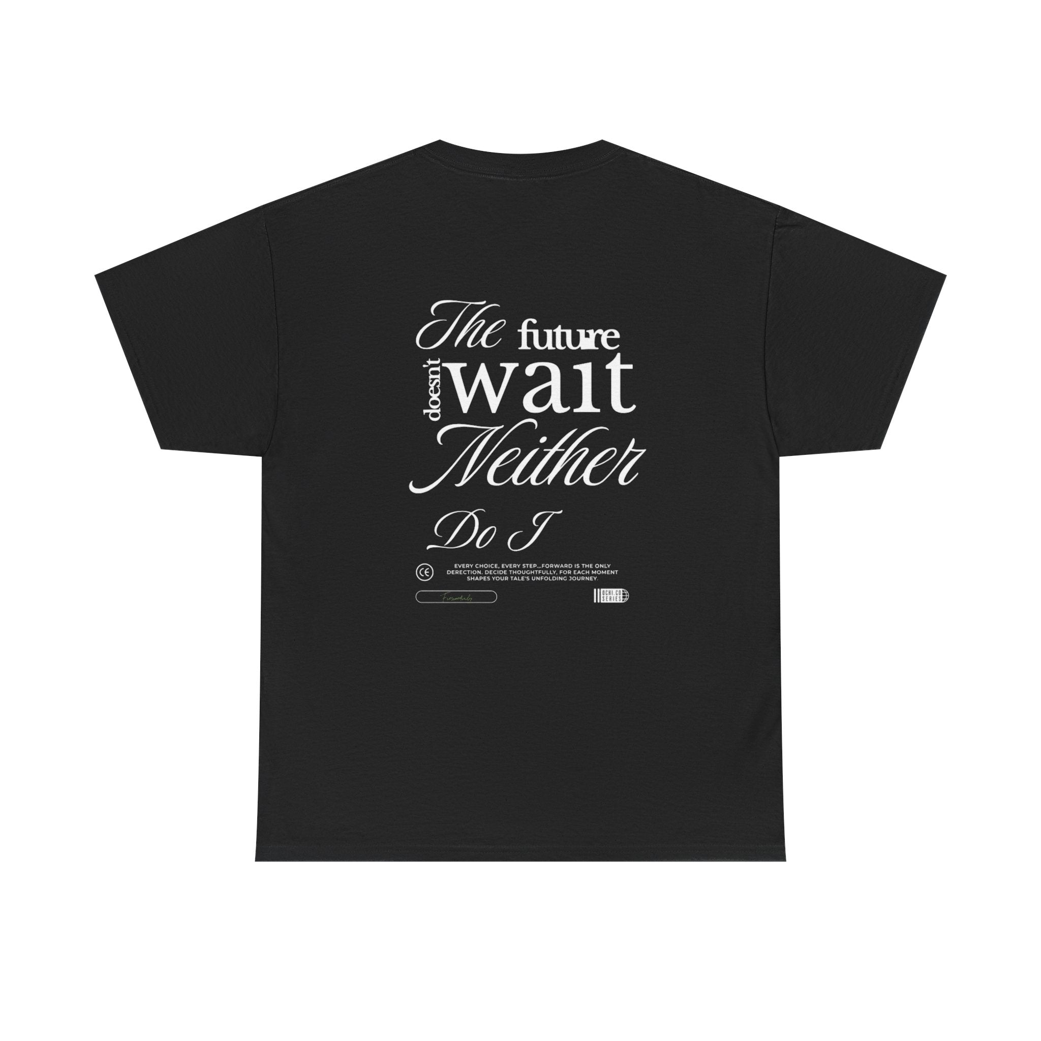 Black t-shirt with white text on a white background
