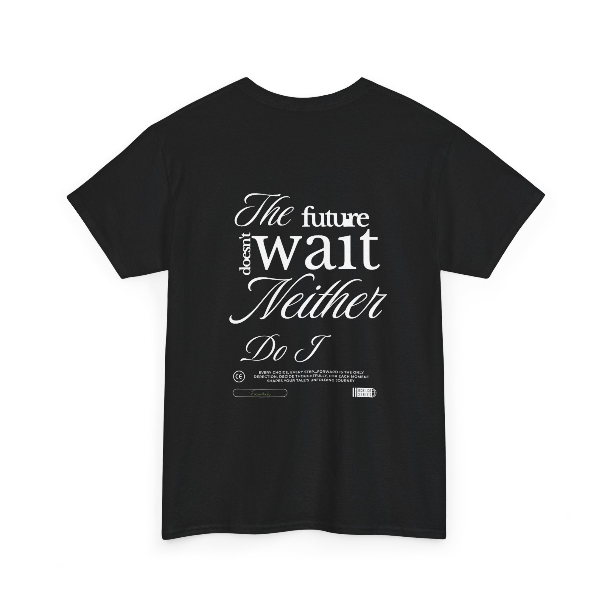 Black t-shirt with white text on a white background