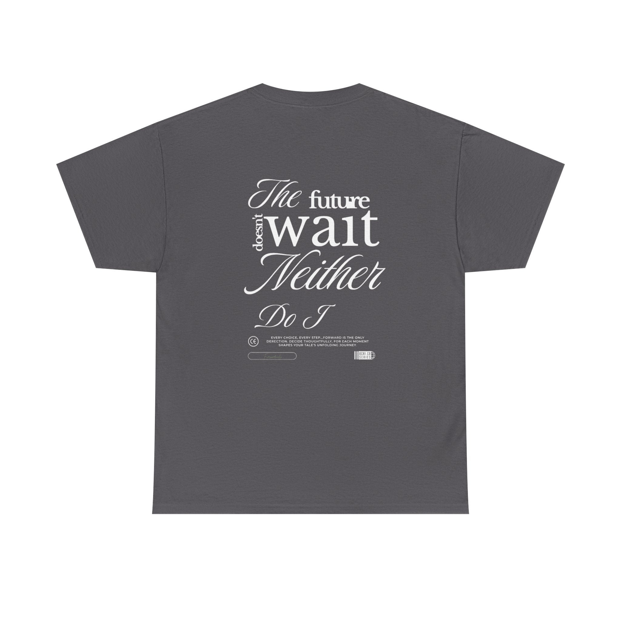 Gray t-shirt with white text on a white background